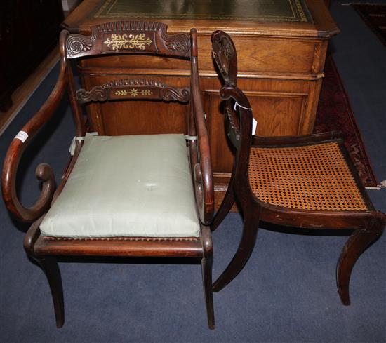A set of six Regency brass inset simulated rosewood dining chairs